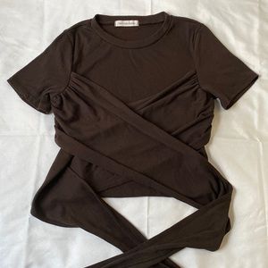 Brown Short Sleeve Cropped Wrap Top